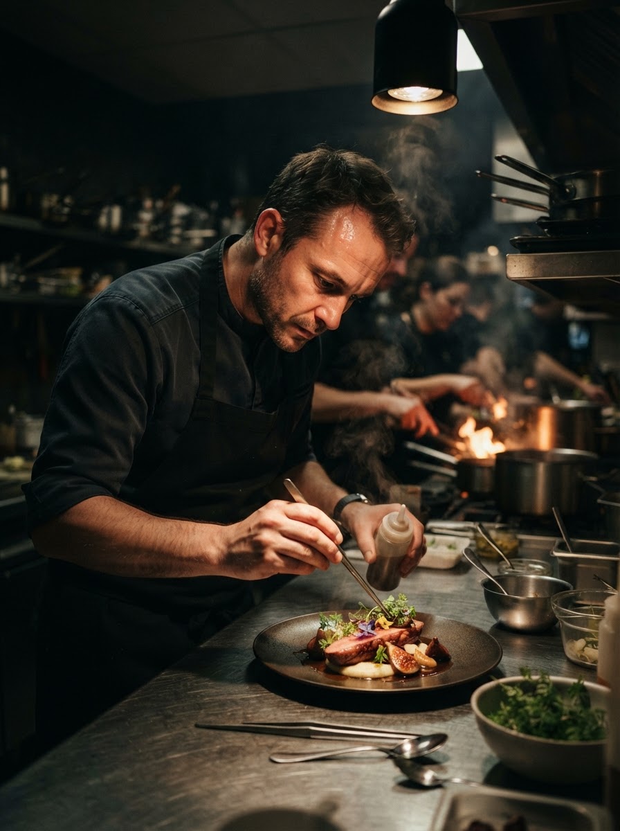 Chef plating a gourmet dish in a local restaurant kitchen