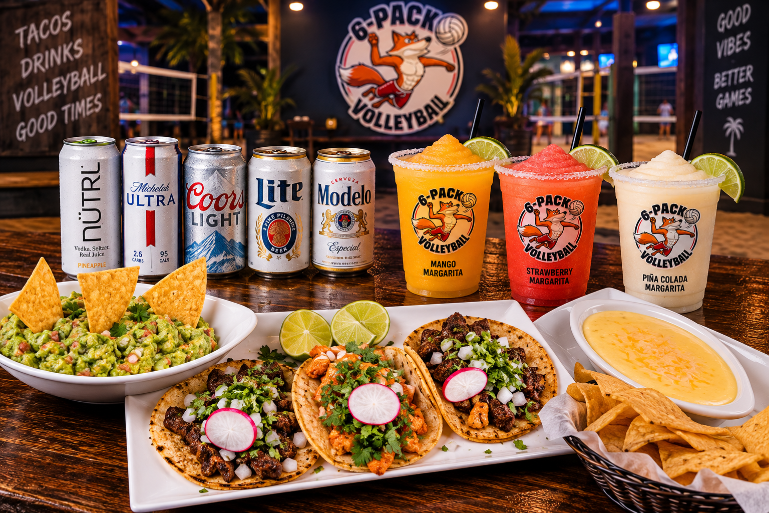 6 Pack Volleyball Tacos, Margaritas, Cold Beers & Queso