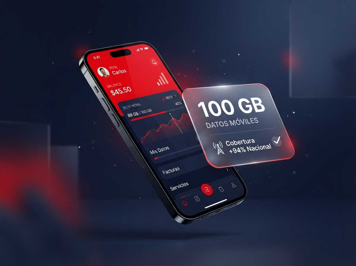 App de oficina virtual Redymovil en smartphone de alta gama con tarjeta de 100 GB y cobertura nacional