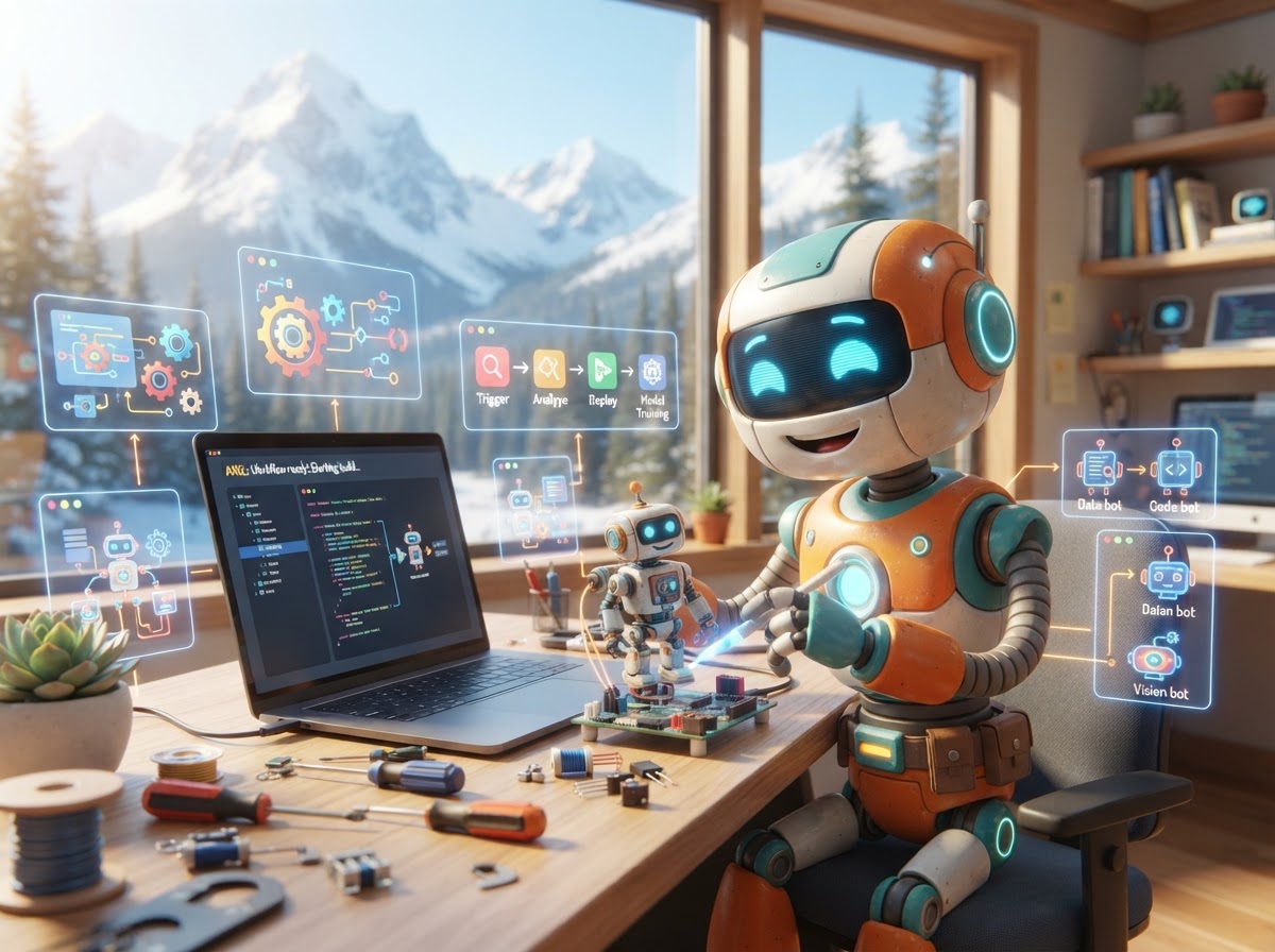 Friendly AI robot builder at desk