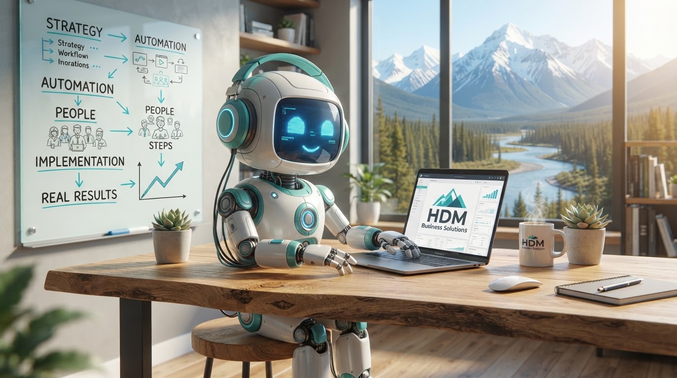 3D robot assistant working at laptop with HDM Business Solutions logo and whiteboard in a sunny office with Yukon mountain views