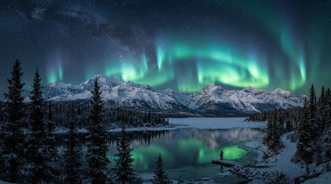 Scenic Yukon northern lights glowing over snow-capped mountains