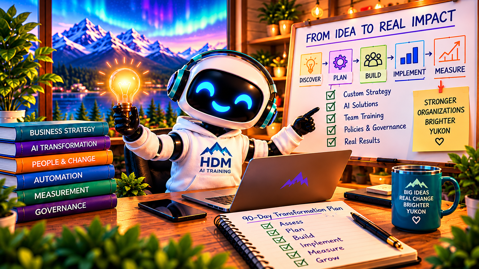 Transform — 90-Day Business AI Transformation Accelerator with HDM robot mascot illustration