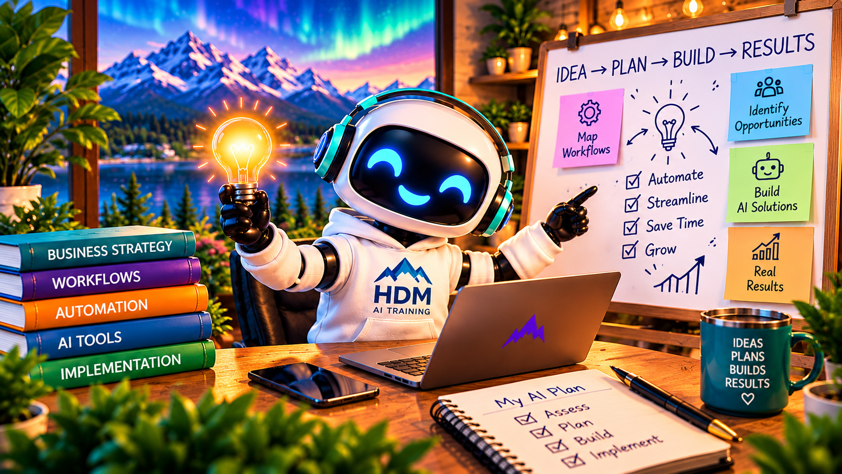 Build — 5-Day Guided AI Build Accelerator with HDM robot mascot illustration