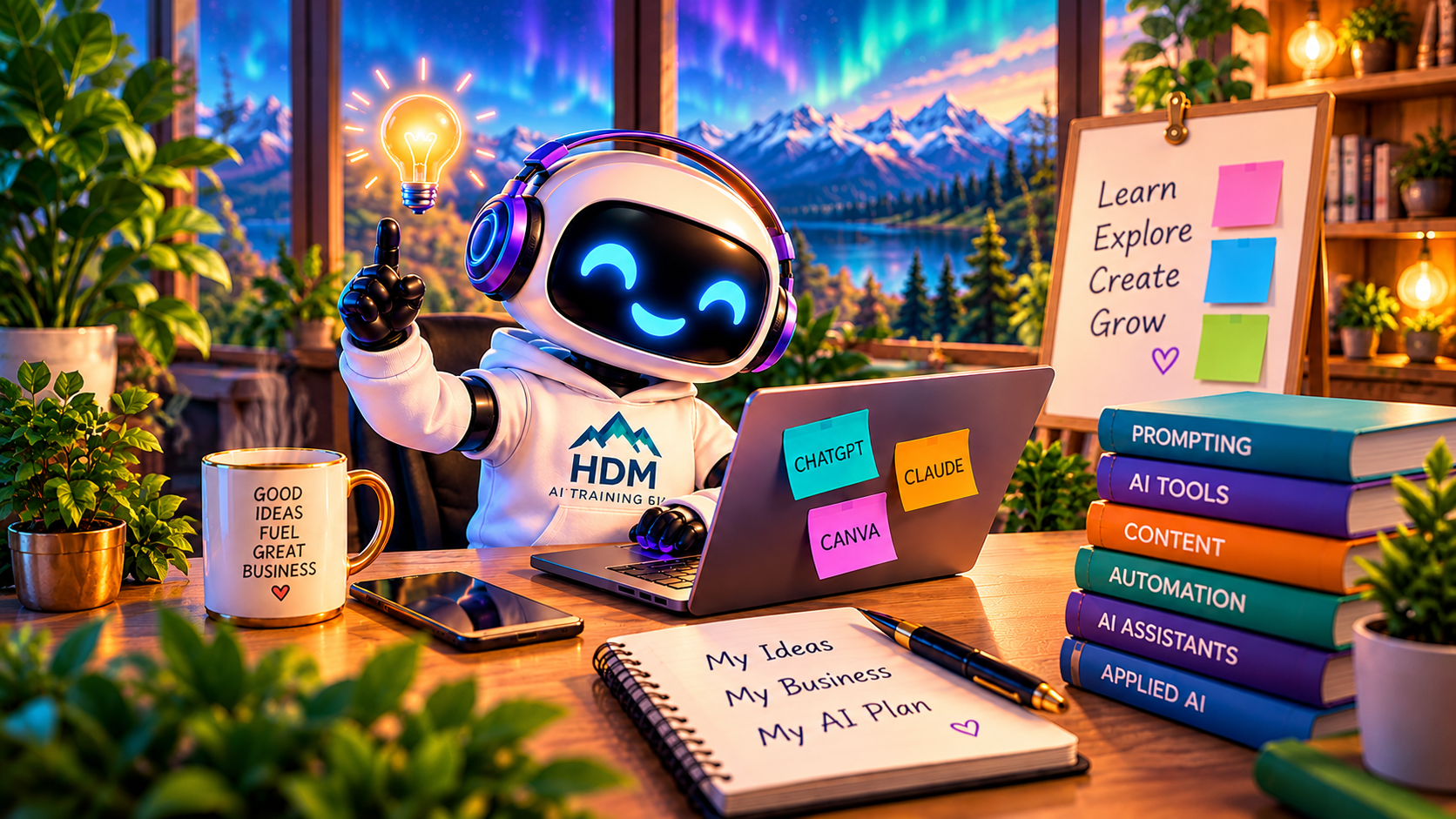 Learn — Self-Guided Business AI Accelerator with HDM robot mascot illustration