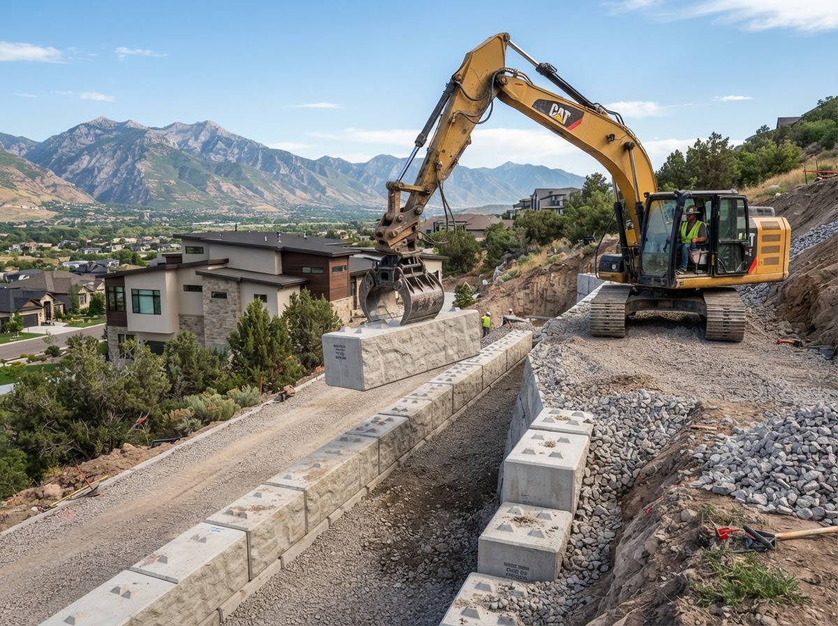 Excavator lowering a large precast concrete block into place while building a retaining wall in Mapleton, UT