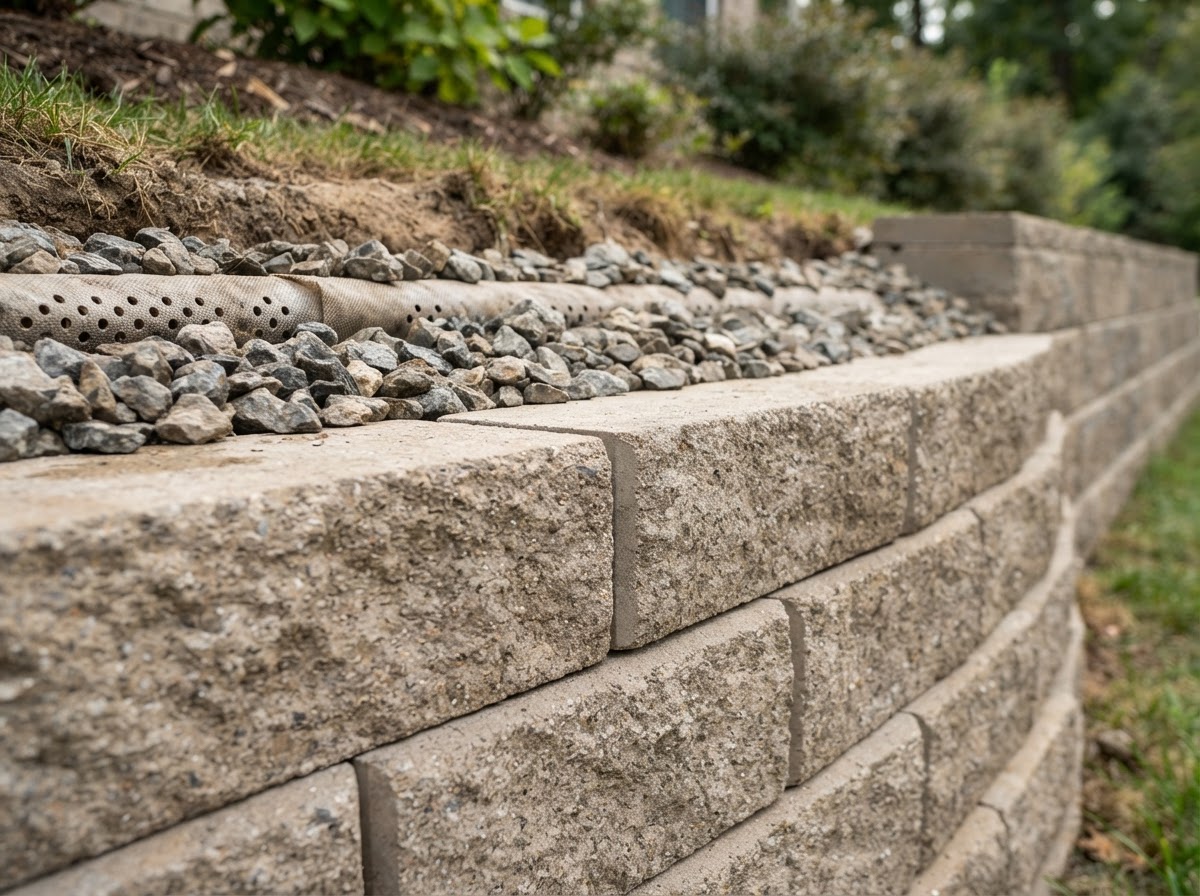 Close-up of interlocking concrete block retaining wall joints packed with drainage gravel on a Mapleton, UT project
