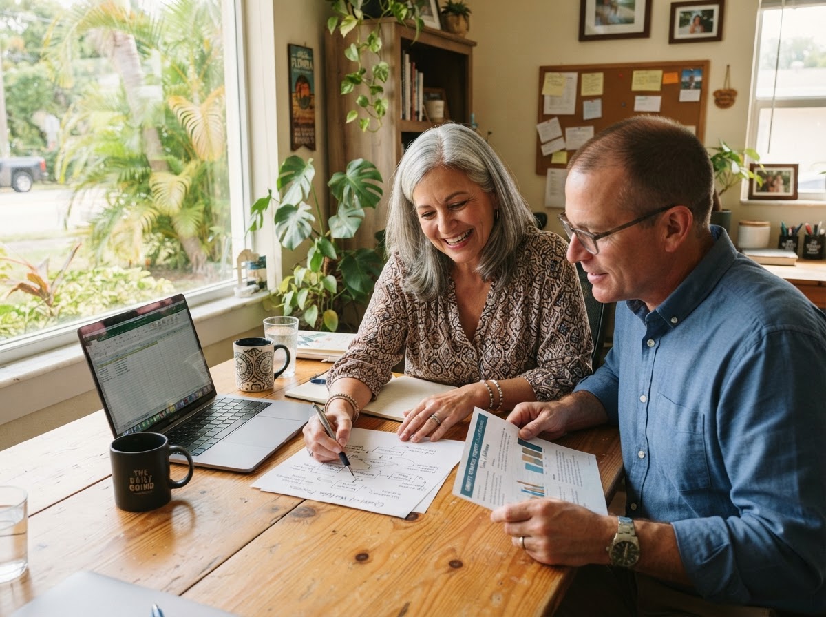 A consultant and a small business owner reviewing a report together at a sunlit desk