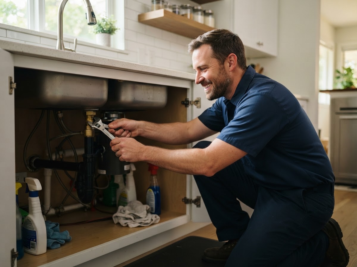 Plumber tightening a sink