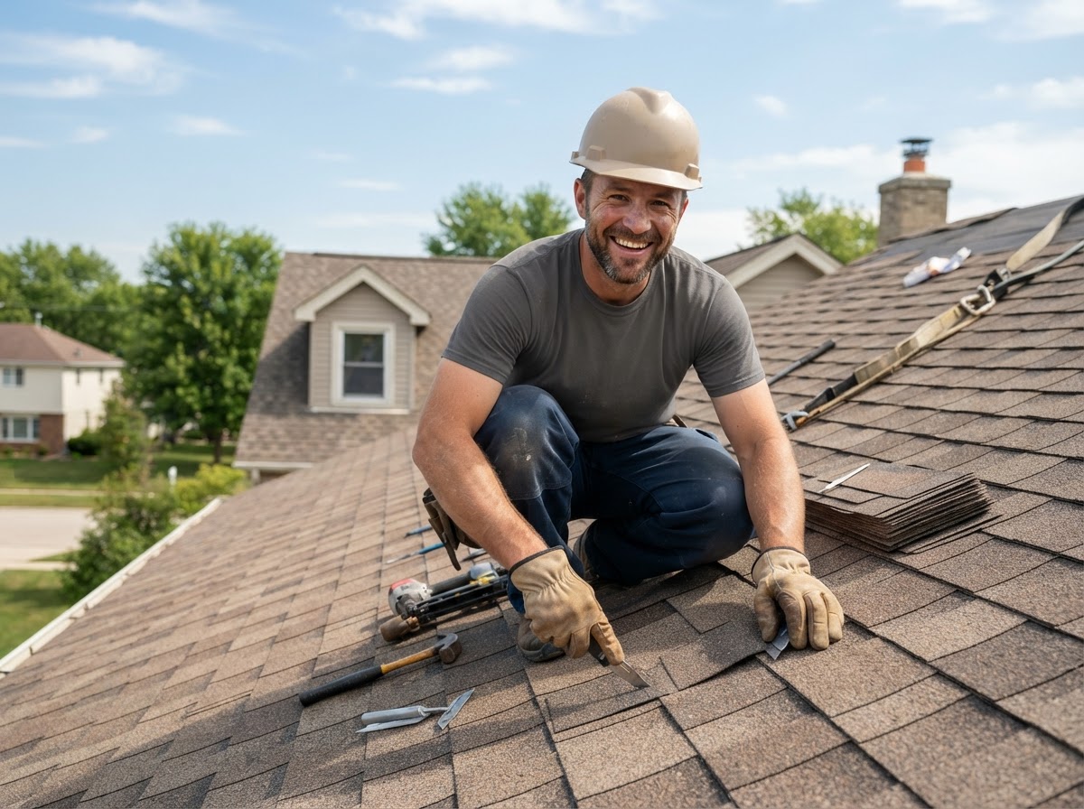Roofer crouching on a house rooftop working