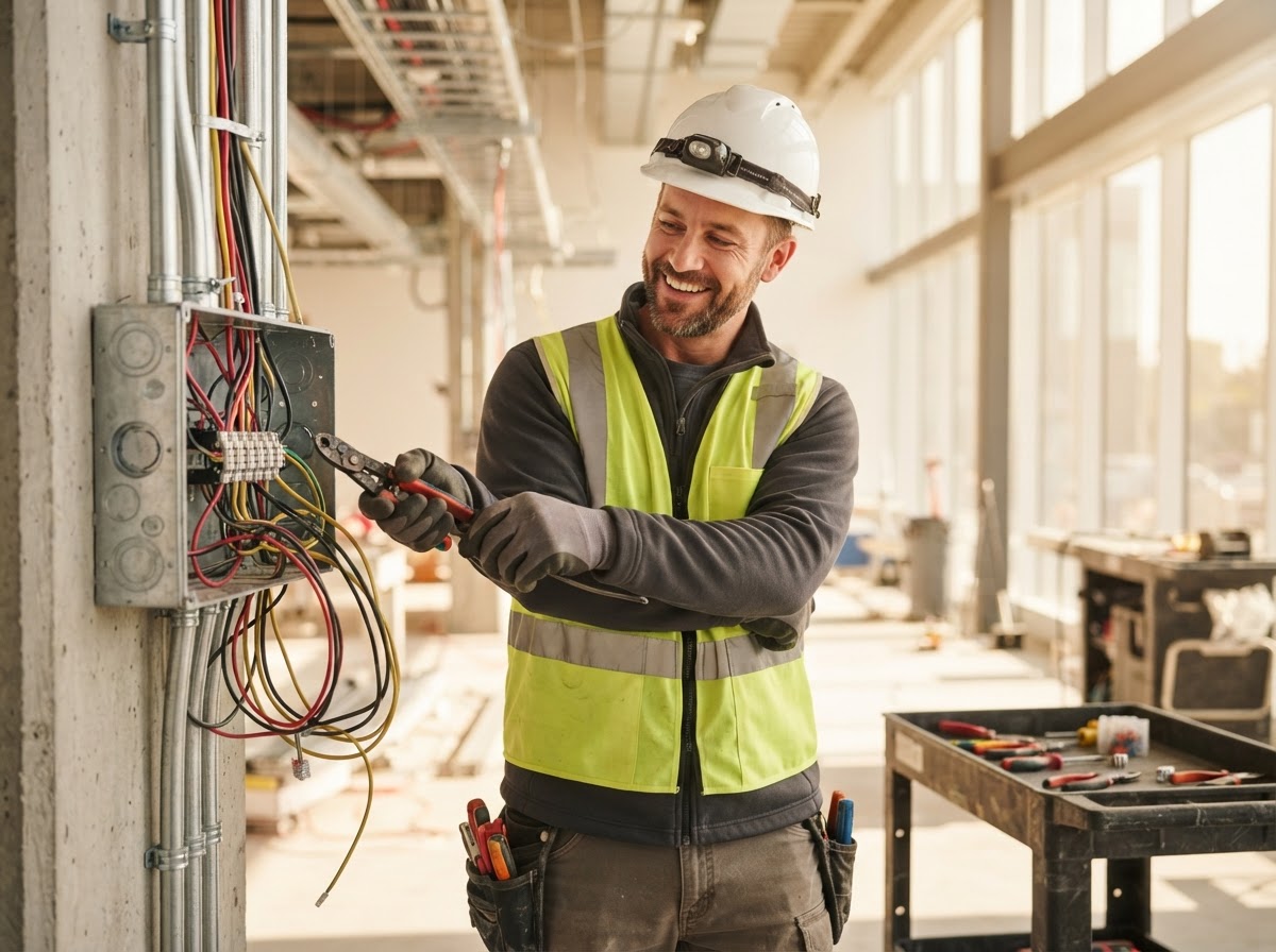 Electrician with a hard hat fixing wires