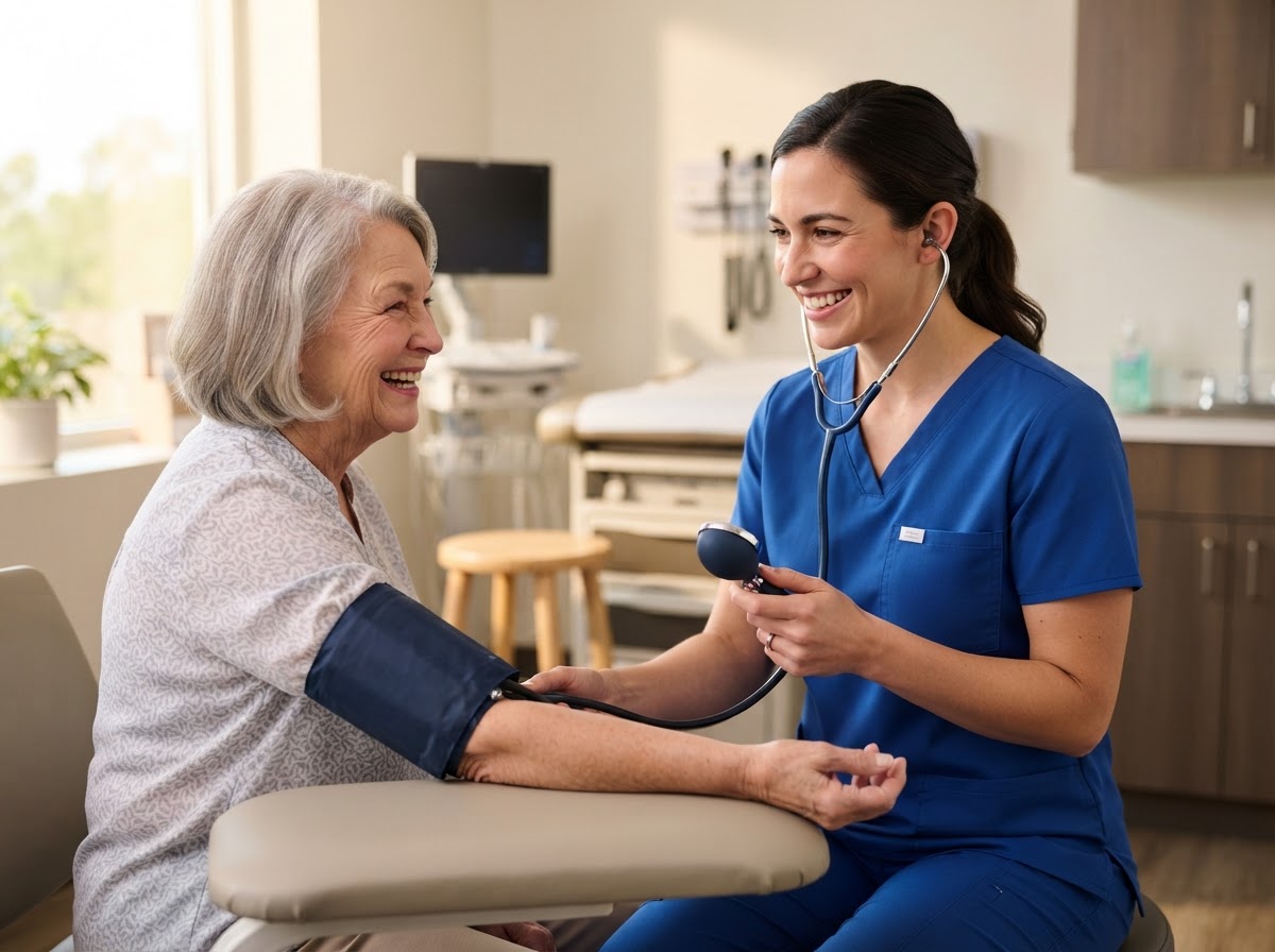 Nurse smiling while checking someone's blood pressure