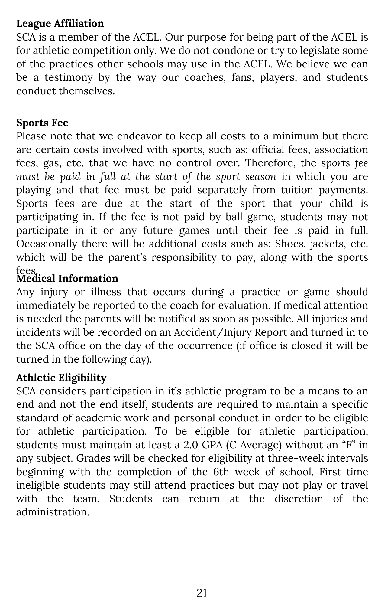 League Affiliation, Fees & Eligibility (Page 21)