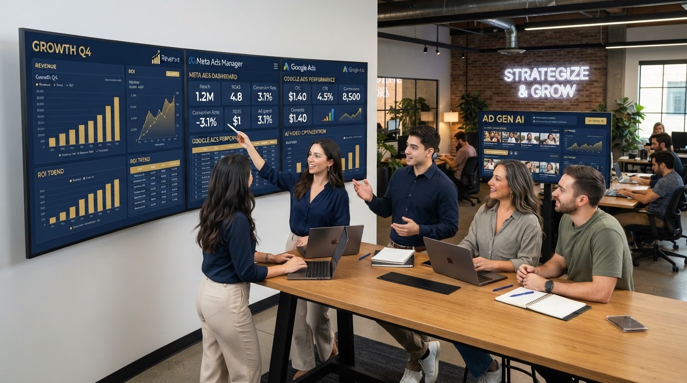 Equipo de marketing digital analizando campañas con IA en Meta y Google