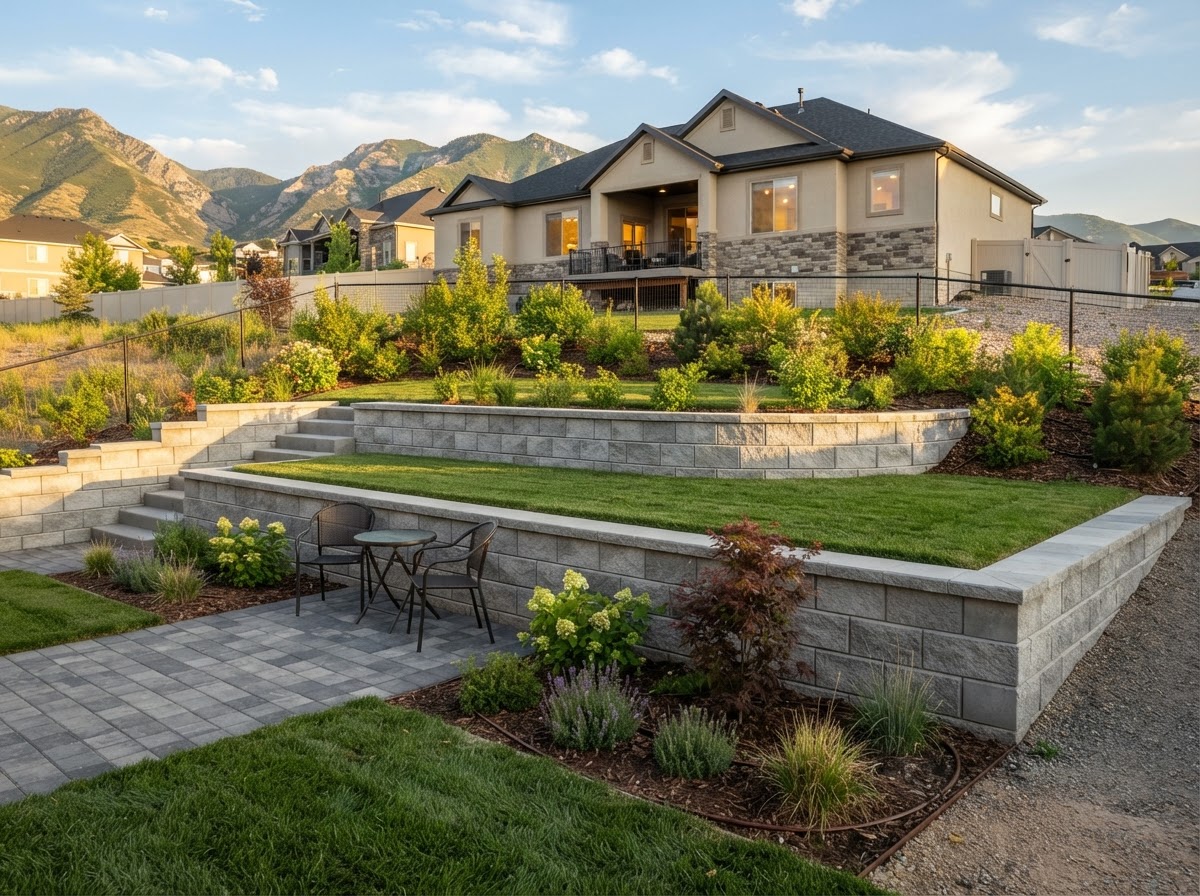Two-tier concrete block retaining wall creating level usable outdoor space with fresh sod and a patio on a sloped backyard in Herriman, UT