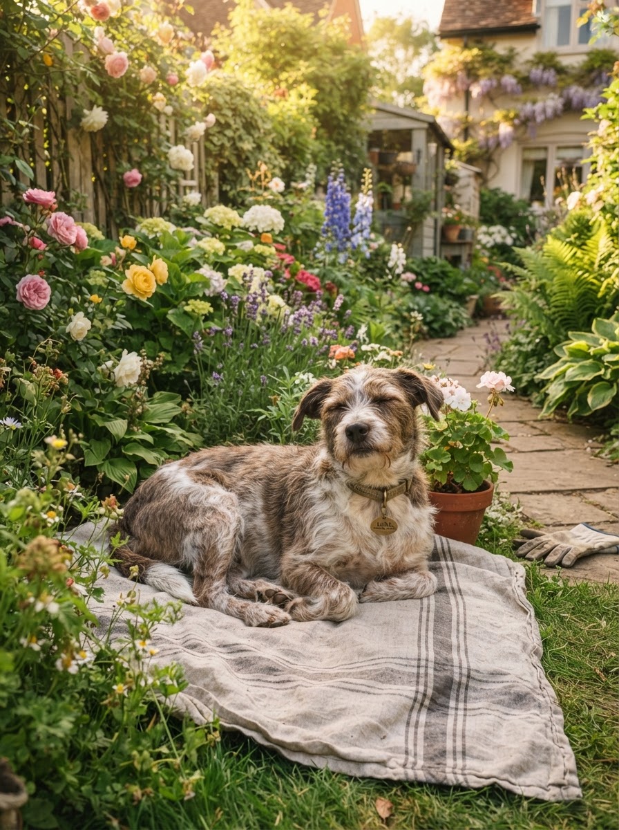 Emily's rescue dog in the garden