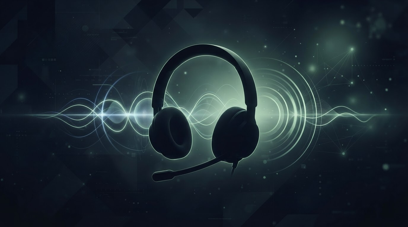 Abstract 24/7 communication system with a glowing headset silhouette and radiating call signal waves
