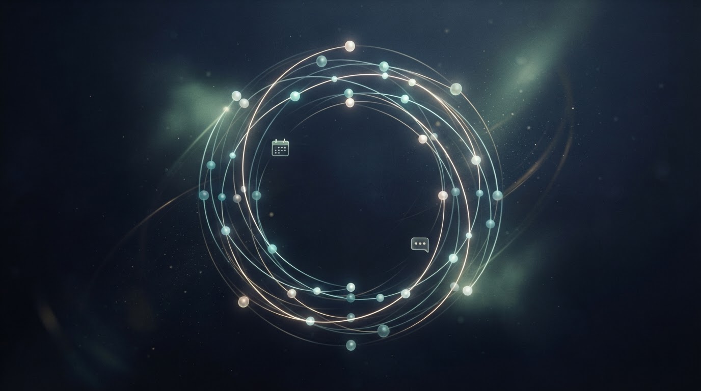 Abstract staying connected concept with glowing interconnected nodes linked in a loop with message and calendar icons