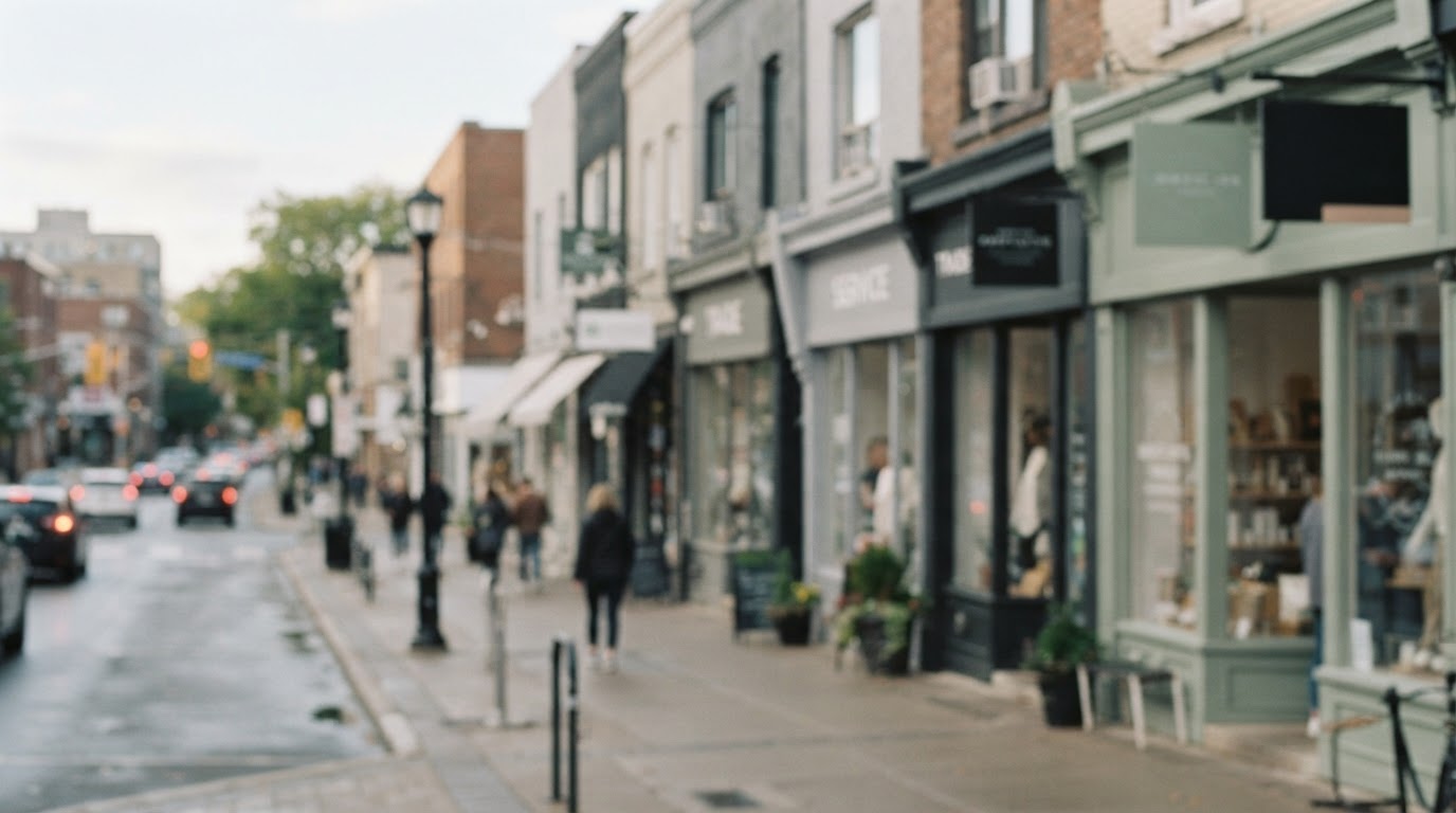 A diverse business district with varied storefronts representing many different kinds of businesses