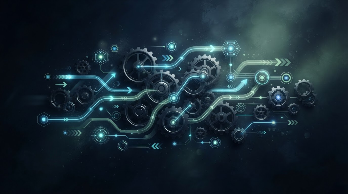 Abstract business process automation concept with interconnected gears and flowing workflow arrows
