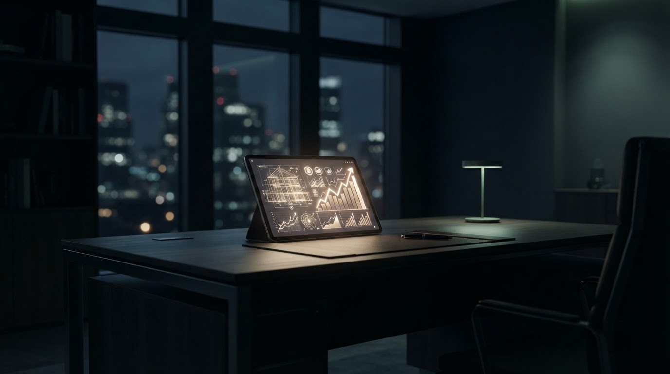 Abstract leadership and operating experience concept with a modern executive desk silhouette and a glowing strategy blueprint