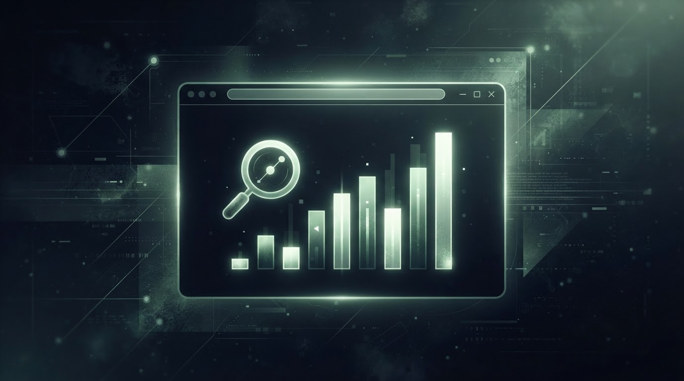 Abstract online presence concept with a glowing browser window, search ranking bars, and a magnifying glass