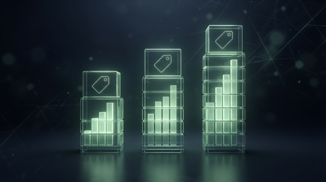 Abstract transparent pricing concept with three glowing tiered columns and ascending bars