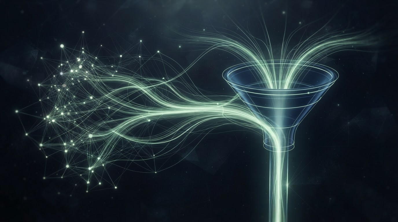 Abstract lead generation pipeline with glowing network nodes flowing into a funnel