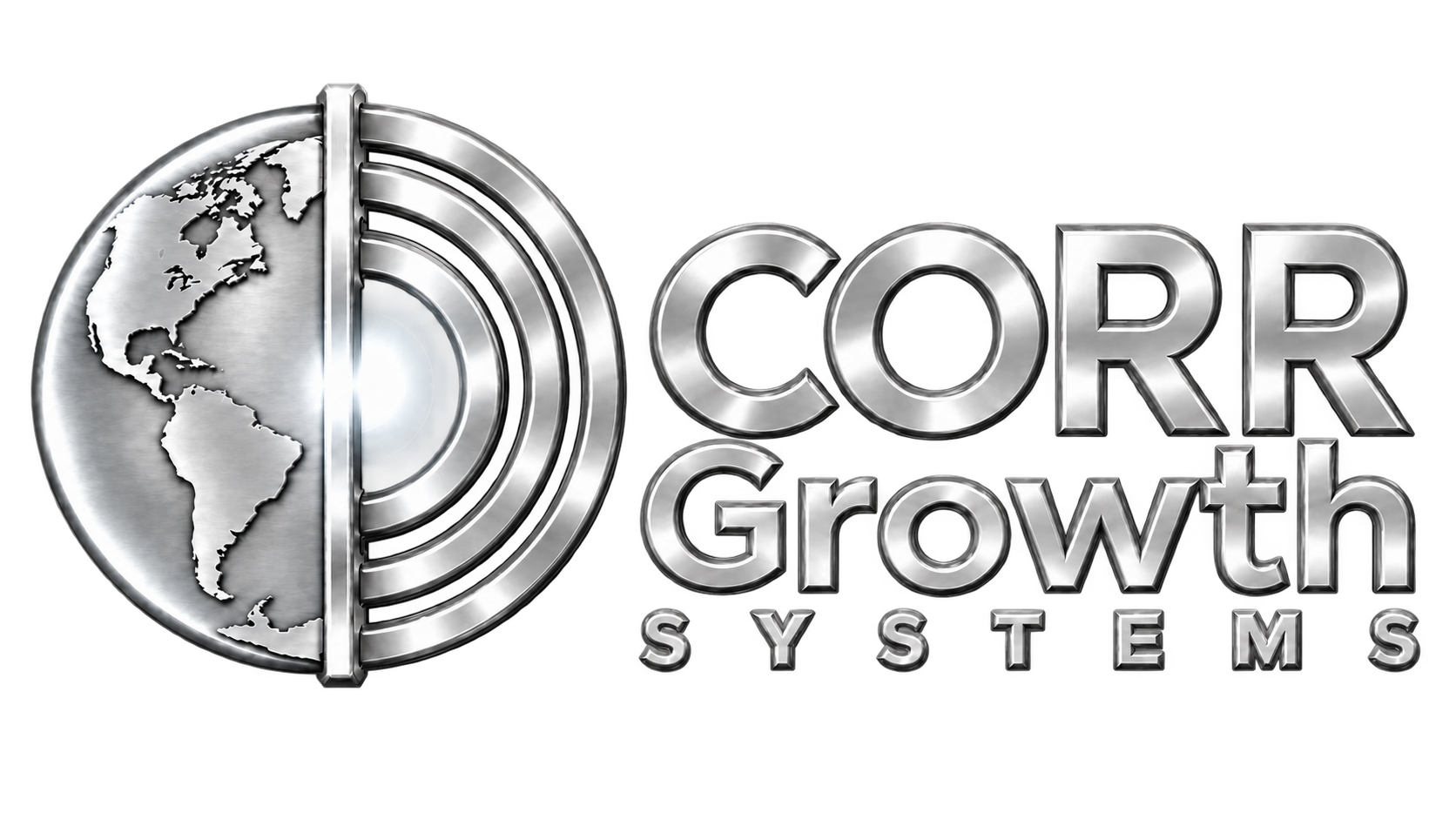 Corr Growth Systems logo — brushed platinum split-globe with glowing center and metallic silver wordmark