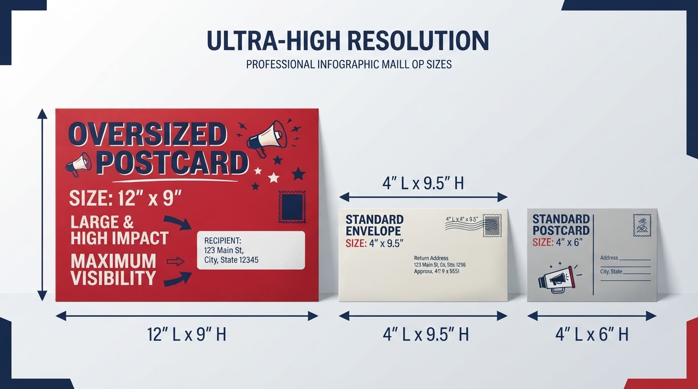 Size comparison showing a 12x9 oversized postcard next to standard mail