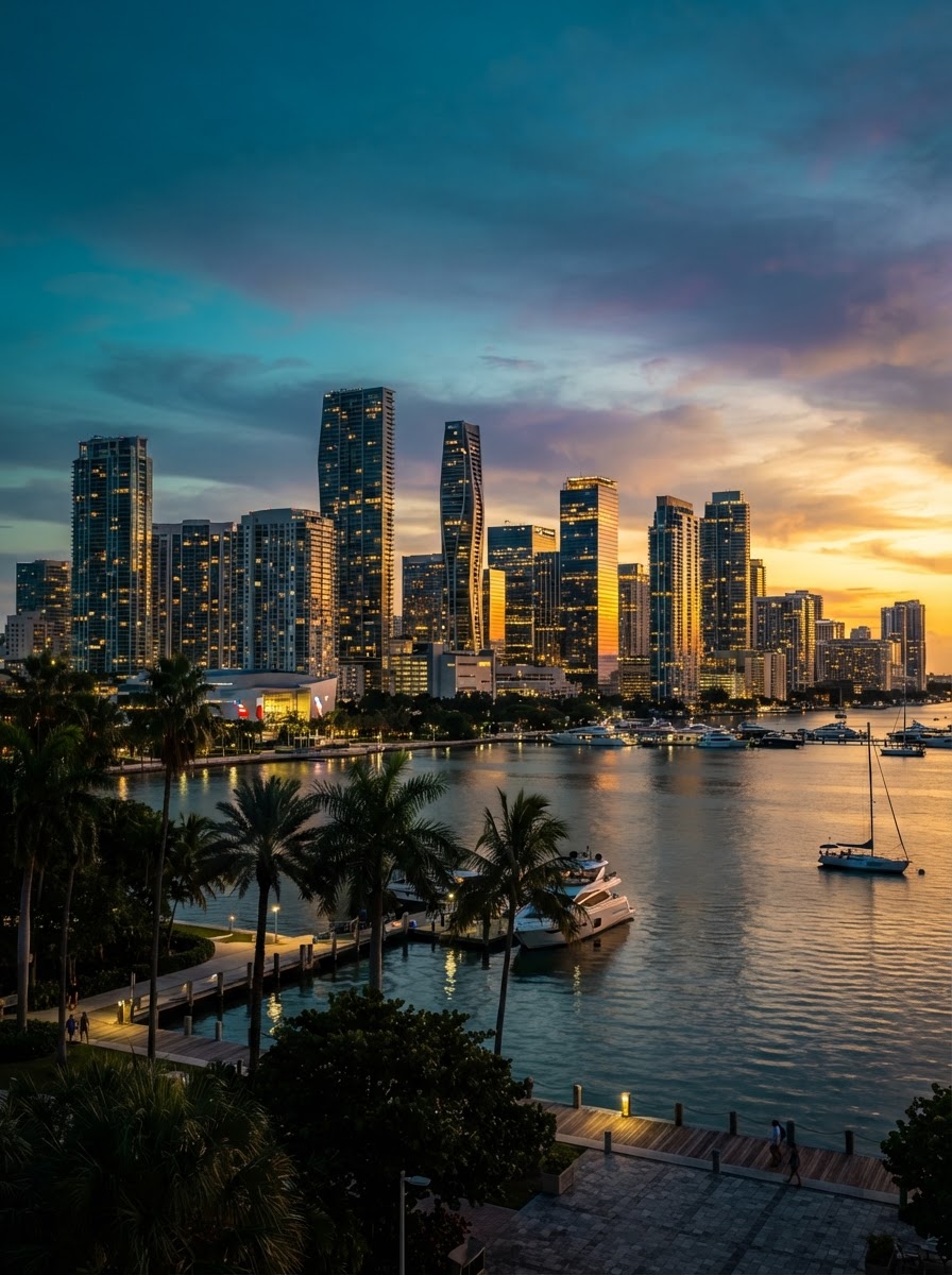Miami skyline at sunset - South Florida luxury real estate