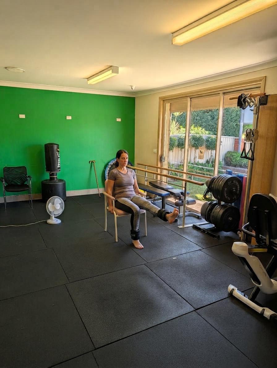 A client doing supervised seated leg strengthening with ankle weights for multiple sclerosis at Holistic Exercise Physiology in Wentworthville