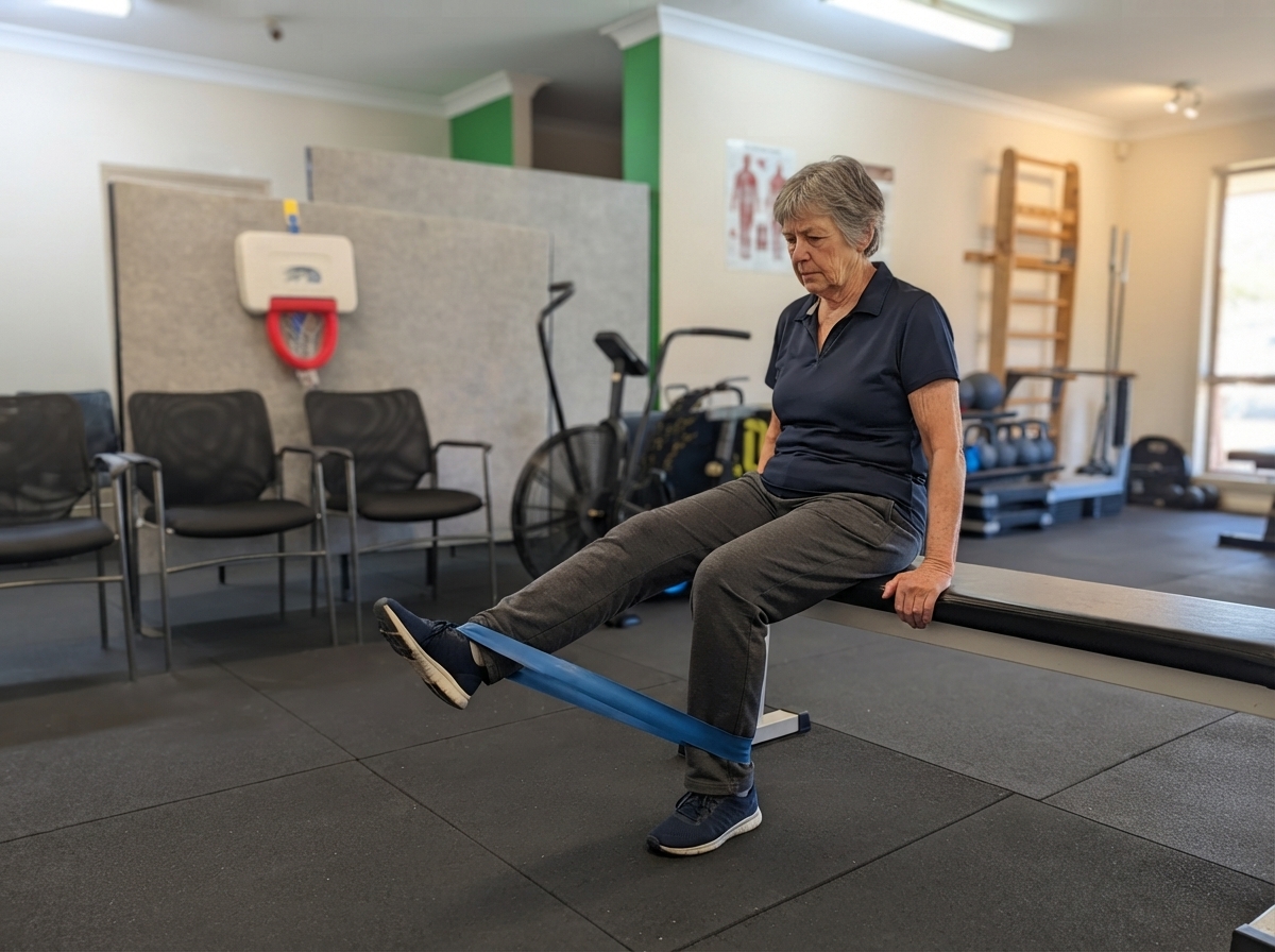 A client doing seated resistance band leg exercises for knee osteoarthritis at Holistic Exercise Physiology in Wentworthville