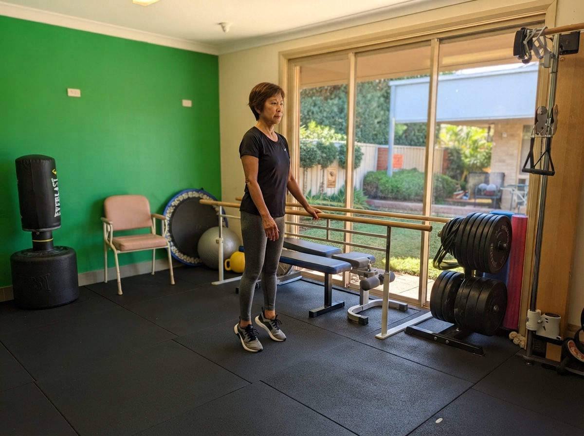 A client doing supervised balance and strength exercises at the barre at Holistic Exercise Physiology in Wentworthville