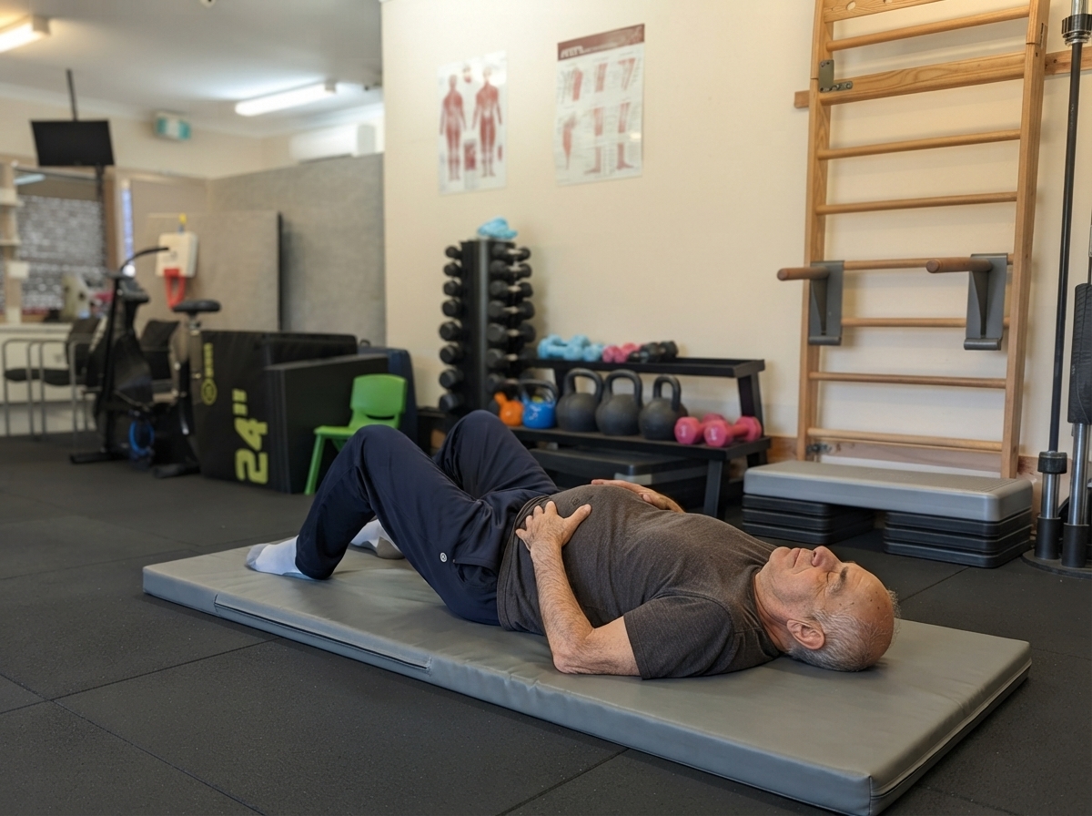 A client practicing supervised core and breathing exercises on an exercise mat at Holistic Exercise Physiology in Wentworthville