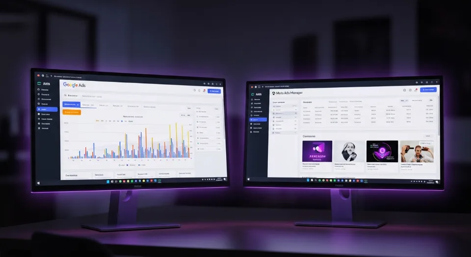 Google Ads and Meta Ads management dashboards for martial arts and gymnastics facilities showing campaign performance