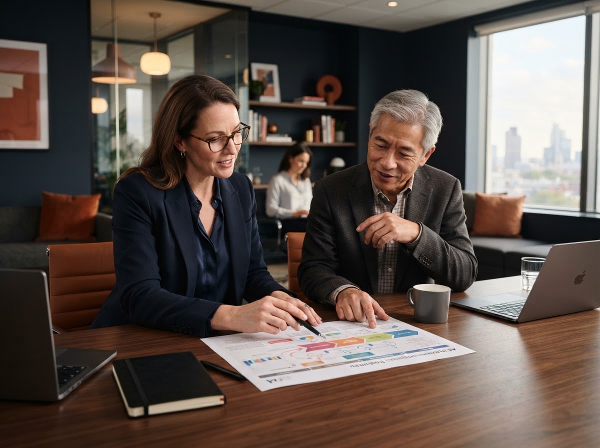 PLACEHOLDER - AI Consulting Hero: consultant mapping an AI strategy roadmap with a business owner