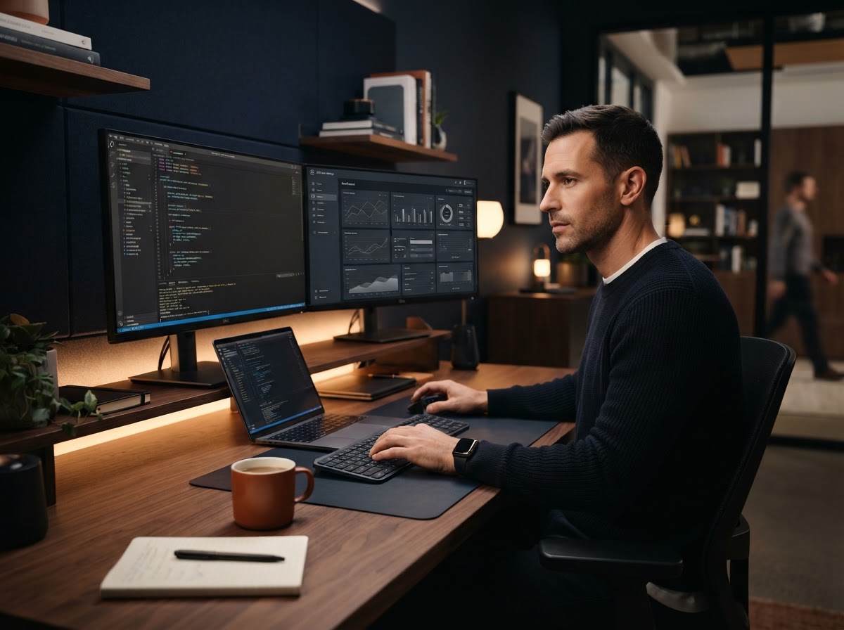 PLACEHOLDER - Custom Software Hero: developer and business owner reviewing a custom dashboard