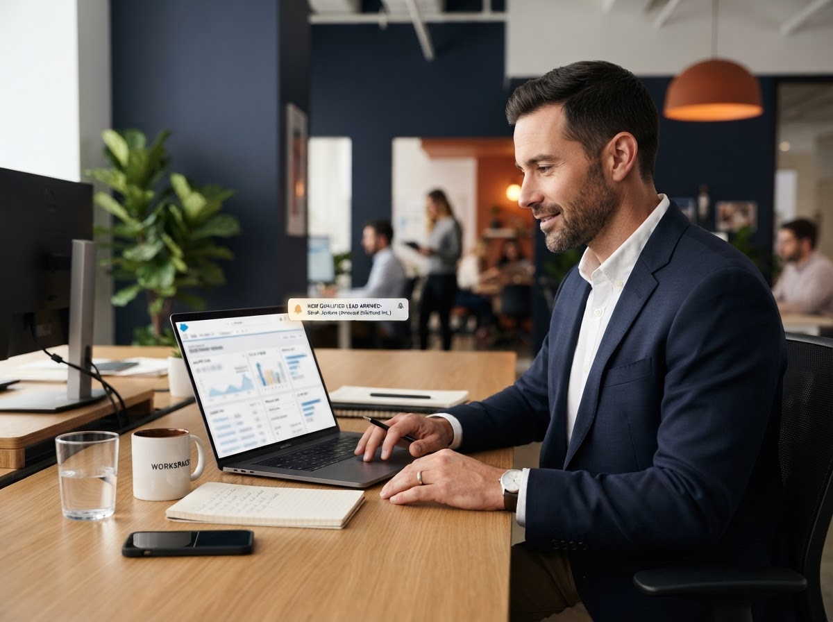 PLACEHOLDER - AI Lead Generation Hero: sales professional reviewing inbound leads on a laptop