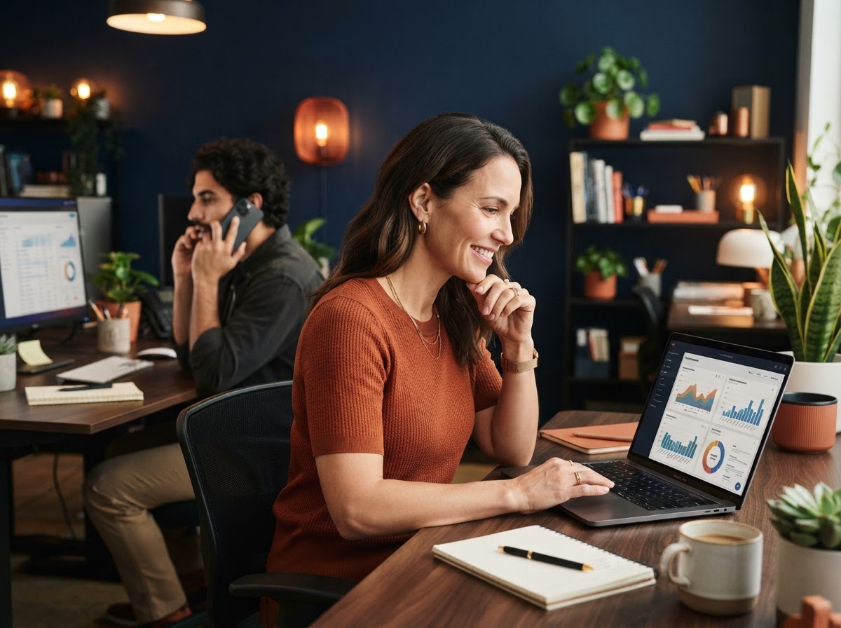 PLACEHOLDER - Business owner reviewing connected AI workflow dashboard with a colleague on a customer call