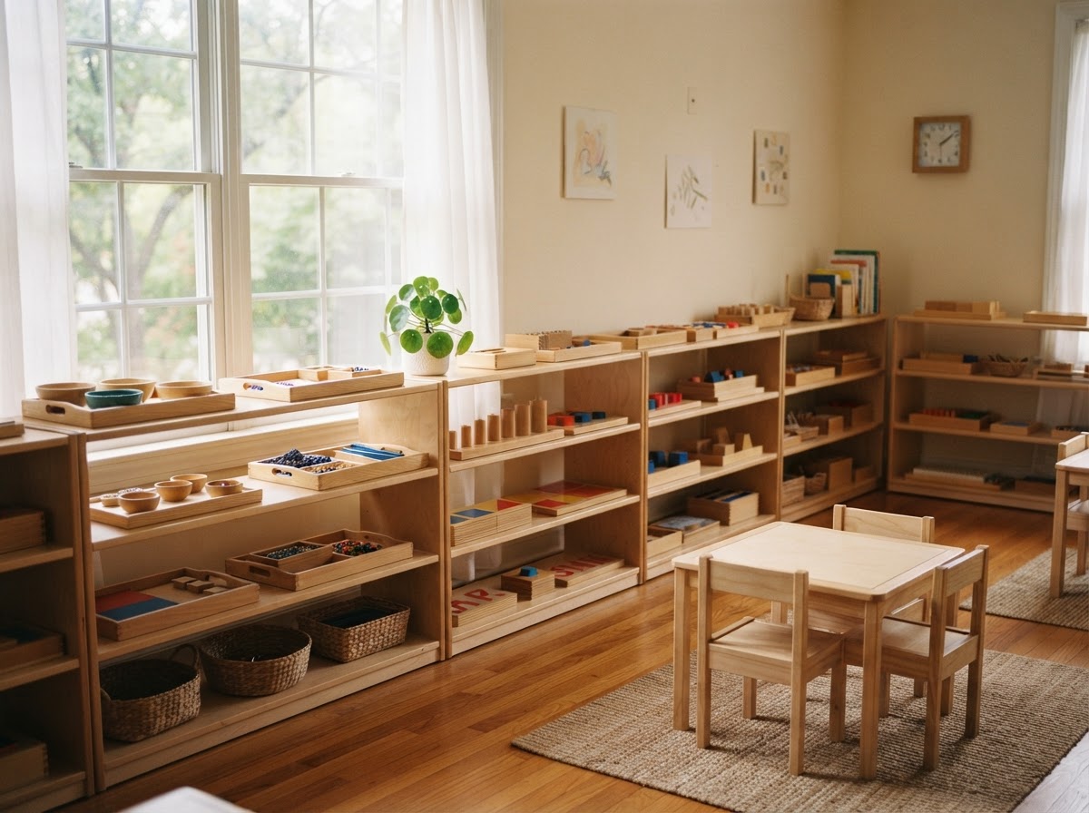 A calm, tidy Montessori-inspired learning space with wooden materials on low shelves.