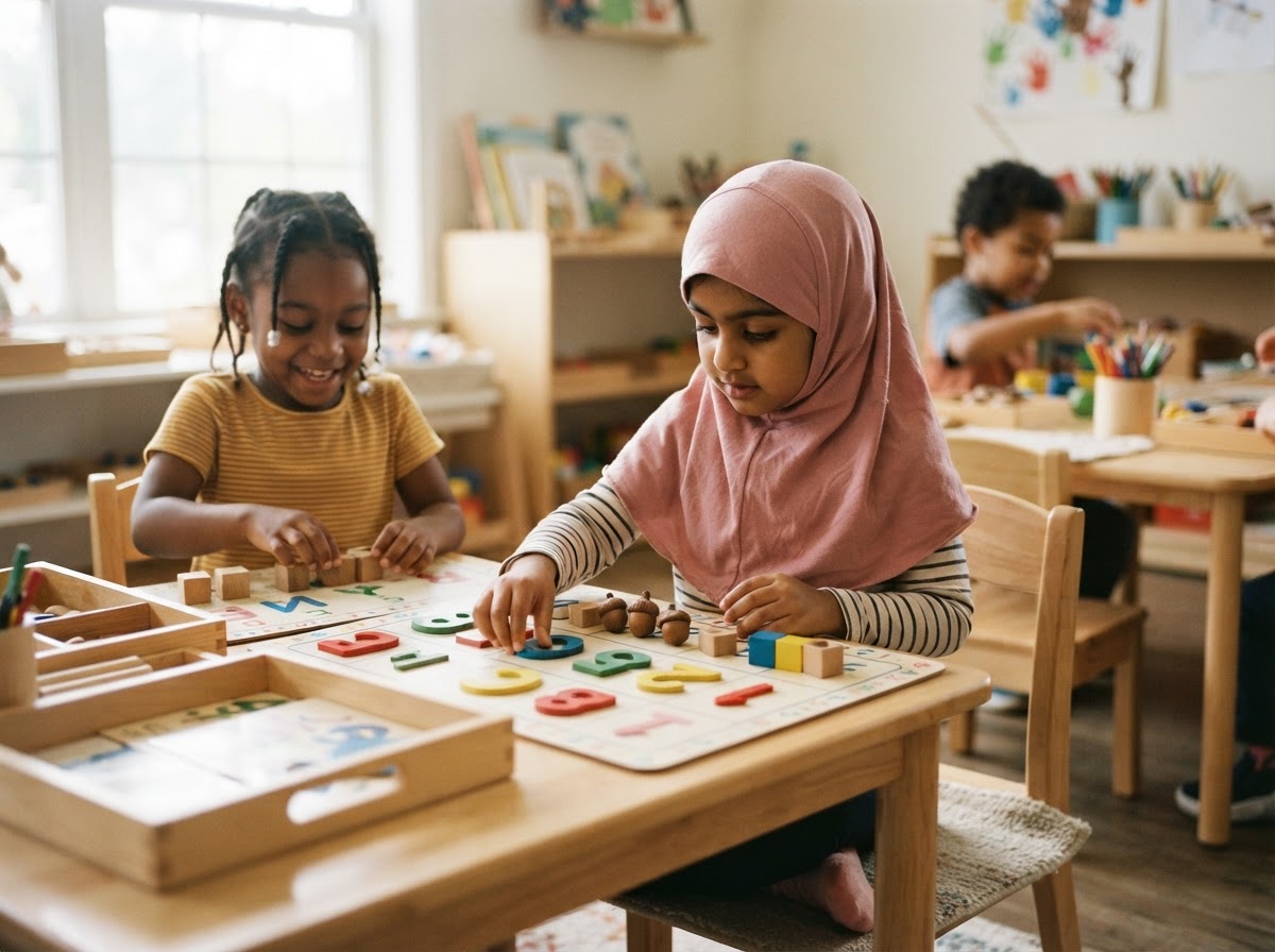 A young child (ages 4½–7) engaged in a hands-on early-years learning activity.