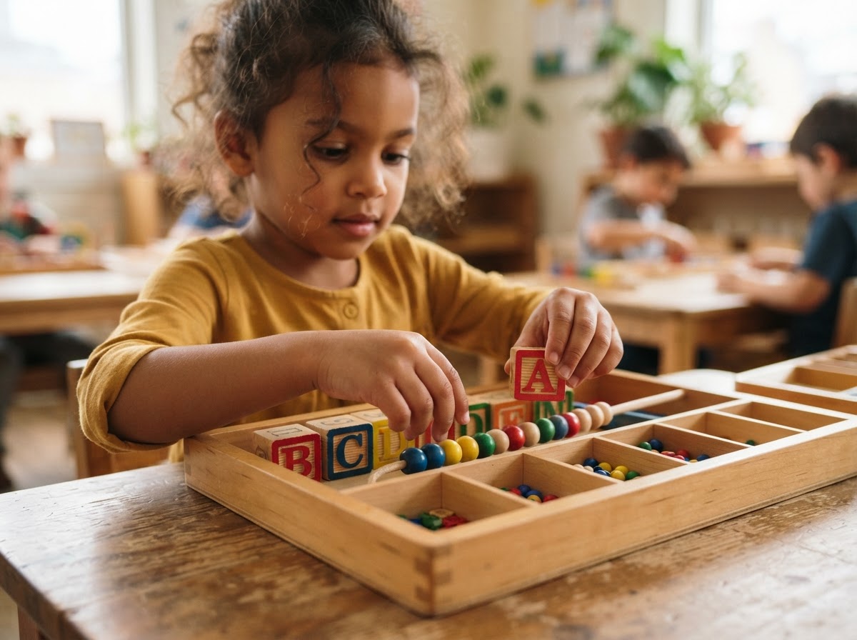 A child's hands working with colorful hands-on Montessori learning materials.
