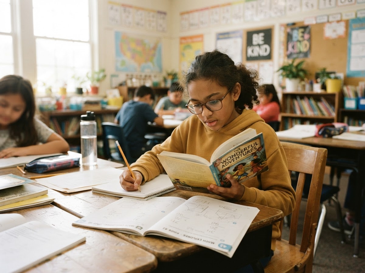 An older elementary student reading and solving a problem at a wooden desk.