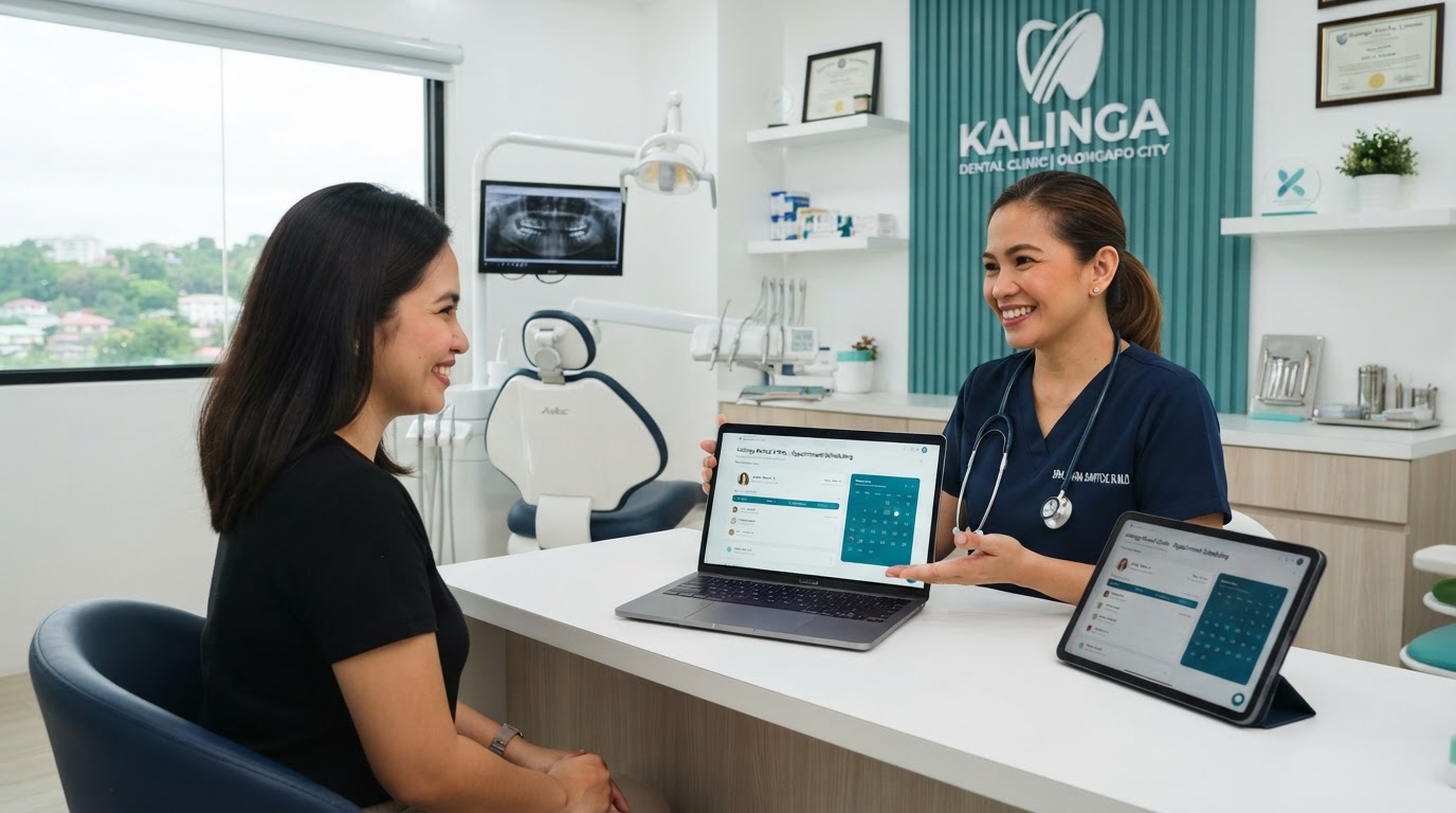 Modern Philippine dental clinic with dentist, laptop and mobile booking interface