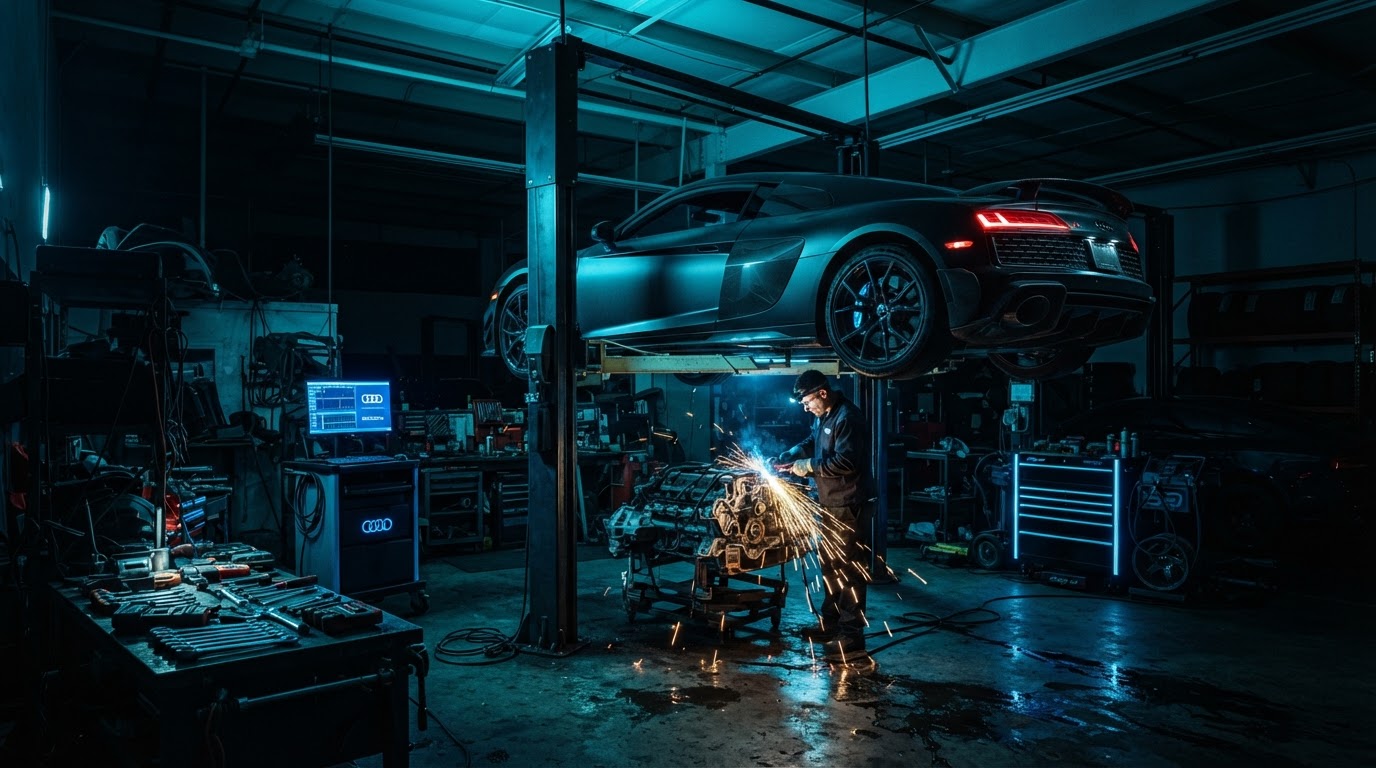 Spark Automotive workshop interior with car on hoist and electric blue lighting