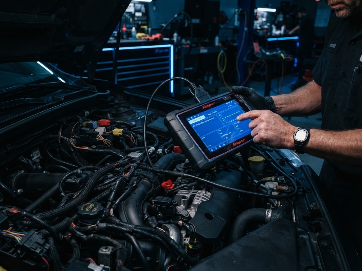 Auto electrician running computer diagnostics on a car engine