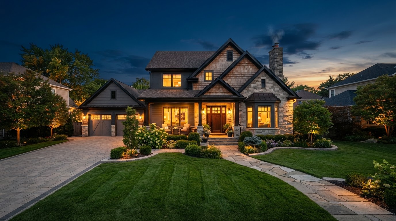 Charming suburban family home at golden hour
