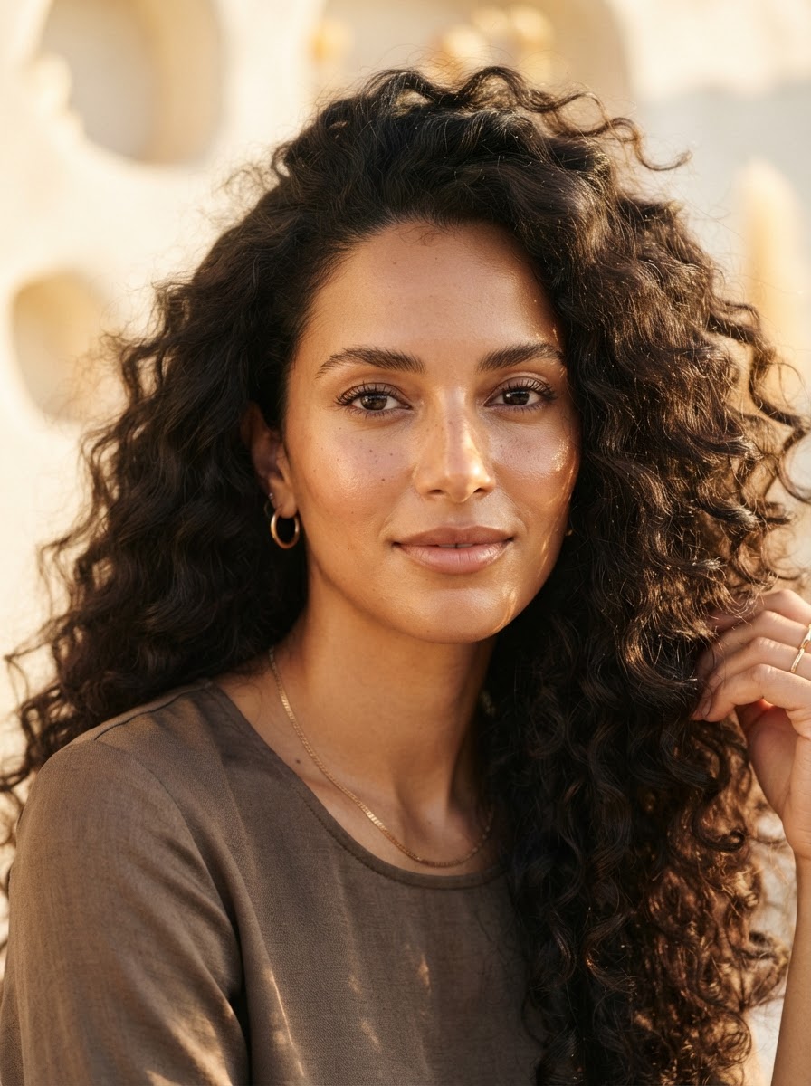 Femme méditerranéenne aux cheveux bouclés naturels, lumière solaire chaude