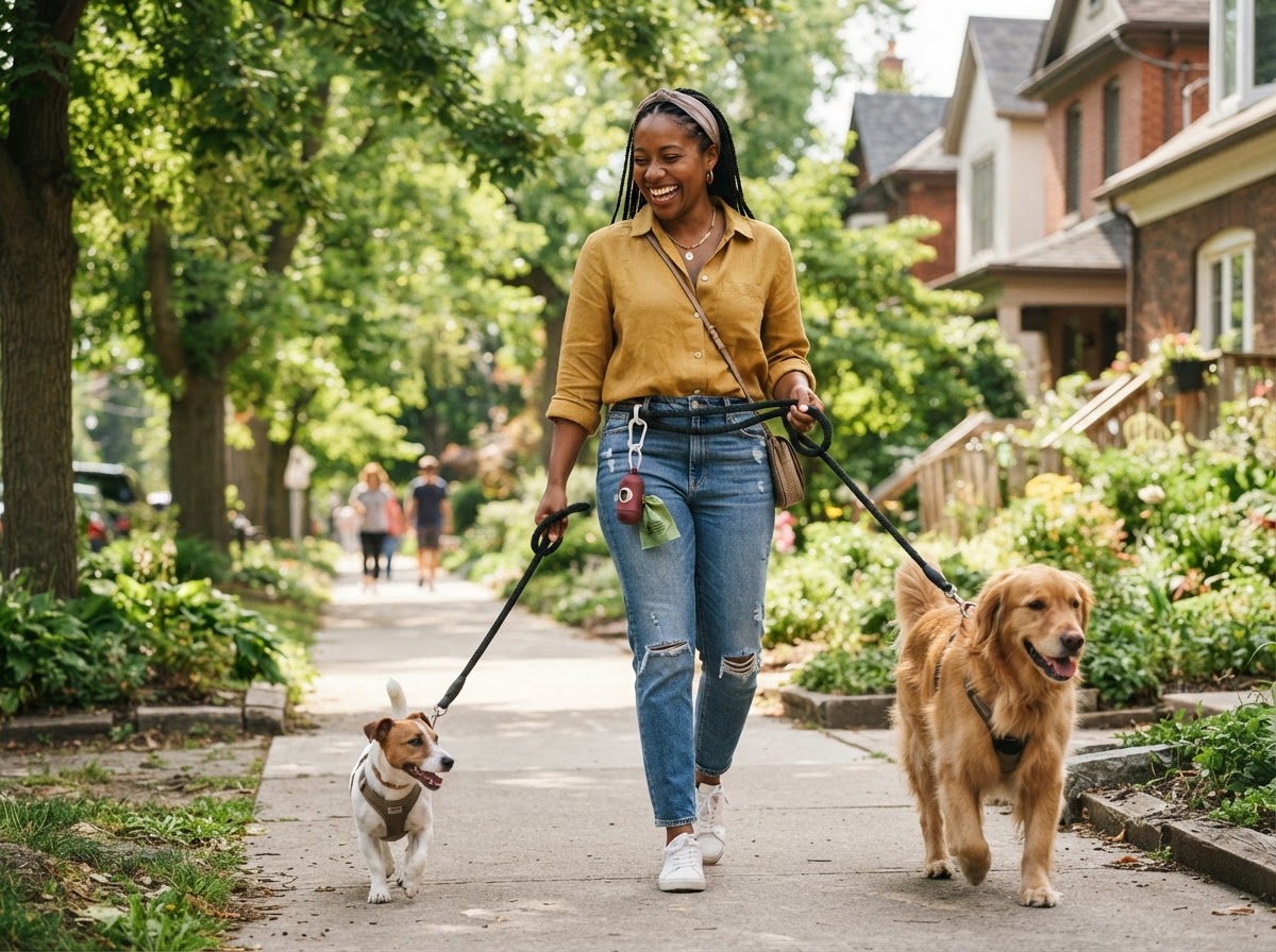Woman happily walking two dogs with the Ploopp attachment securely on her leash